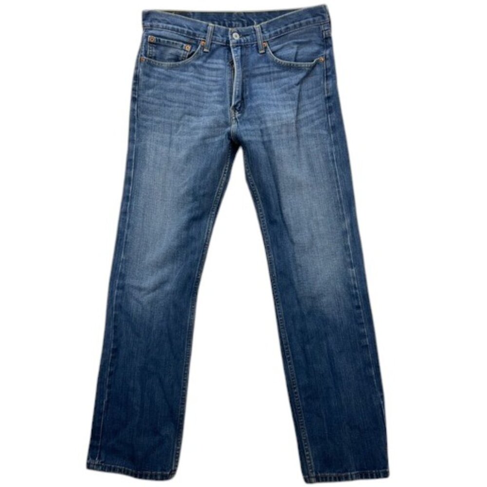 Levi’s‎ 505 Jeans Men’s Blue Denim Straight Leg Mid Rise Distressed Hem Pants 34